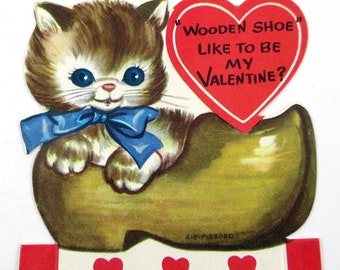 Vintage Children's Valentine Card with Tabby Cat in Blue Bow and Wooden Shoe