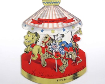 Vintage Children's Mechanical Valentine Card with Dog on Merry Go Round or Carousel Horse Lion Giraffe Carnival Amusement Park