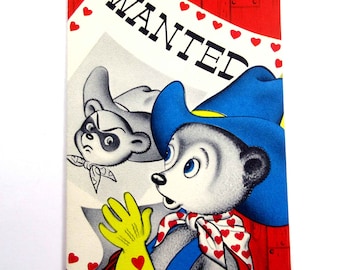 Vintage Unused Children's Valentine Card with Cowboy Bear in Hat with Wanted Poster by American Greetings