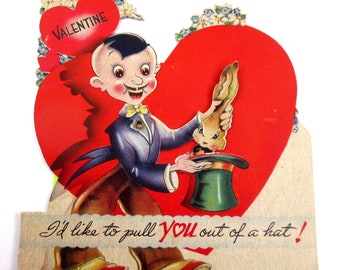 Vintage Children's Mechanical Valentine Card with Magician and Rabbit in Hat Magic by Carrington