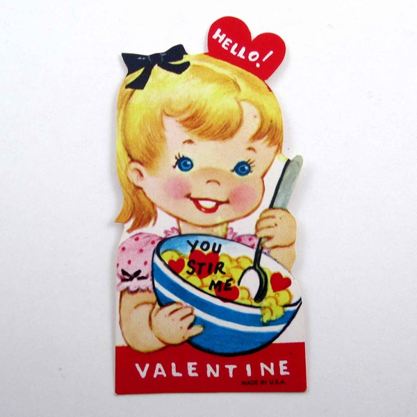 Vintage Children's Valentine Card Cute Girl Stirring Bowl Food Baking Cooking