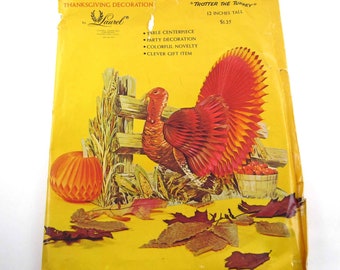 Vintage Trotter the Turkey Die Fence Pumpkin Cut Centerpiece with Honeycomb Thanksgiving Decoration in Original Package by Laurel