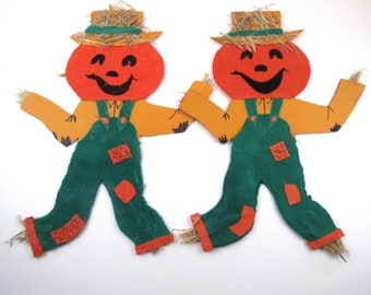 Vintage Die Cut Halloween Decorations of Scarecrow Jack O Lantern Classroom Set of 2