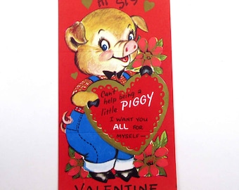 Vintage Unused Children's Valentine Card with Cute Pig Holding Heart