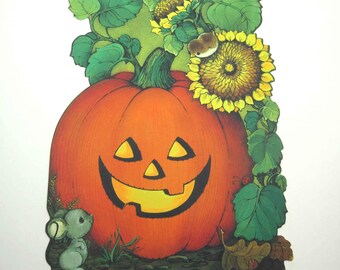 Vintage Halloween Die Cut Decoration with Grinning Jack o Lantern Mouse Bird Sunflowers by Hallmark