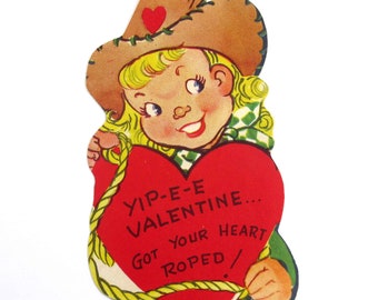 Vintage Children's Valentine Card with Cowgirl Hat Rope Lasso