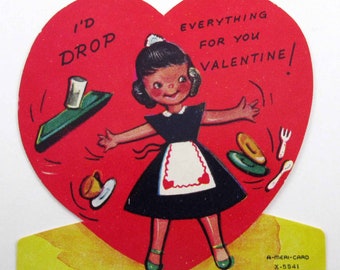 Vintage Children's Valentine Card with Cute Girl Waitress Server by A-Meri-Card