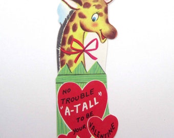 Vintage Unused Children's Valentine Card with Cute Giraffe Behind Green Fence with Red Hearts