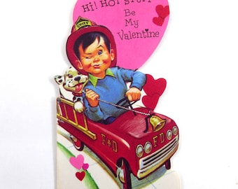 Vintage Unused Children's Valentine Card with Fireman Boy in Truck Dalmatian Dog