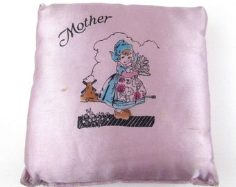 Vintage Souvenir Pink Satin Mother Pillow with Little Dutch Girl Windmill Tulips Mother's Day