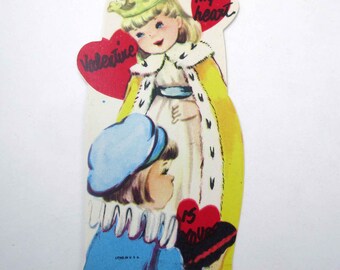 Vintage Unused Children's Valentine Card with Little Boy Girl Queen Wearing Robe and Crown