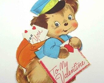 Vintage Unsued Children's Novelty Valentine Greeting Card with Cute Puppy Dog Delivering Mail with Satchel and Letters