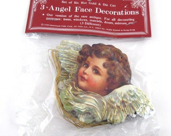 Vintage 1980s Die Cut Cardboard Angel Face Ornaments or Decorations Merrimack Hong Kong in Original Package