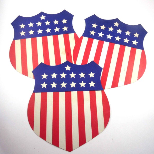 Vintage Patriotic Shield American Flag Die Cut Fourth of July Set of 3