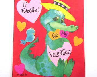 Vintage Unused Children's Valentine Card with Cute Alligator Crocodile in Hat and Blue Bird