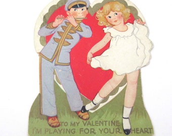 Vintage Children's Valentine Card with Boy and Girl Playing Musical Instrument Flute