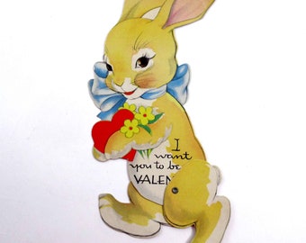 Vintage Children's Mechanical Valentine Card with Rabbit Holding Red Heart and Flowers by Carrington