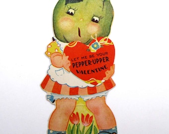 Vintage Valentine Card with Adorable Anthropomorphic Green Pepper Vegetable