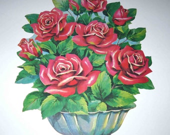 Vintage 1950s Die Cut Cardboard Decoration with Red Roses by Dennison