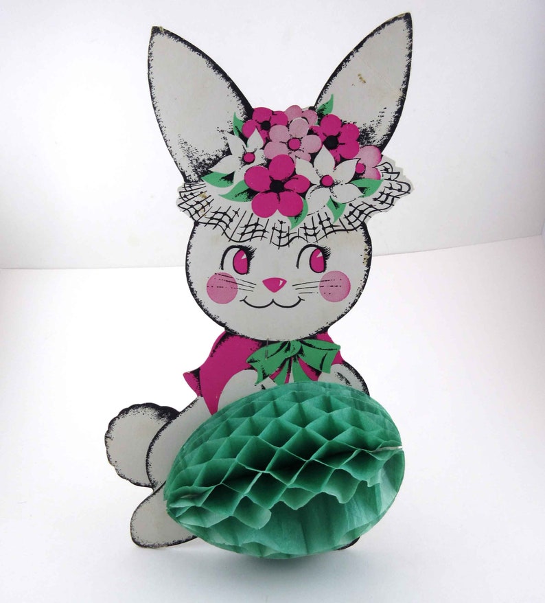 Vintage Female Rabbit and Honeycomb Egg Die Cut Cardboard Easter Decoration or Centerpiece with Easel image 1