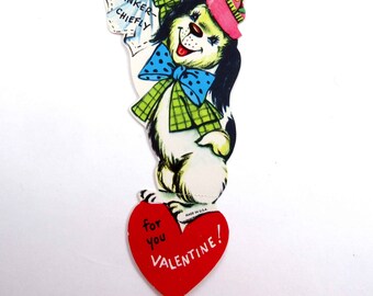 Vintage Children's Valentine Card with Cute Black and White Dog and Handkerchief Hanky