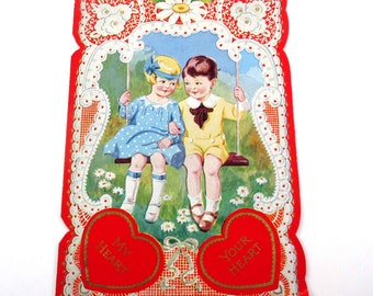 Vintage Unused Large Fancy Antique Valentine Greeting Card with Little Boy and Girl on Swing Gold Gilded