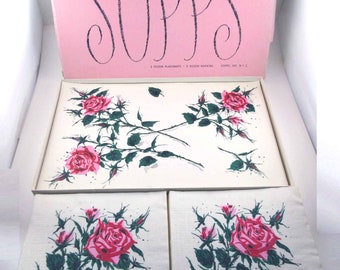 Vintage Paper Placemats and Napkin Set with Pink Roses in Original Box by Sopps