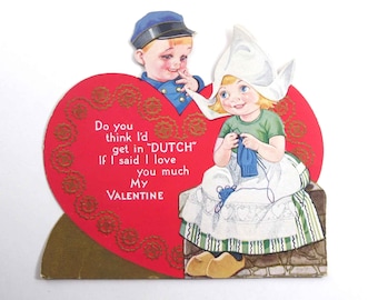 Vintage Children's Valentine Card with Dutch Girl and Boy in Wooden Shoes Knitting