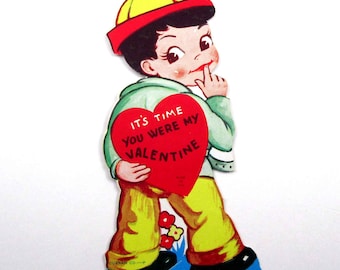 Vintage Children's Valentine Card with Little Boy Hiding Heart Behind Back