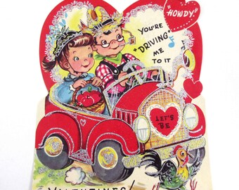 Vintage Large Silvered Valentine Card with Cute Girl and Farmer Boy in Automobile Auto Car Chicken Rooster Corn Cob Pipe