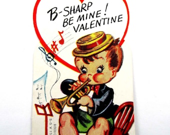 Vintage Children's Valentine Card with Cute Boy Playing a Horn Music