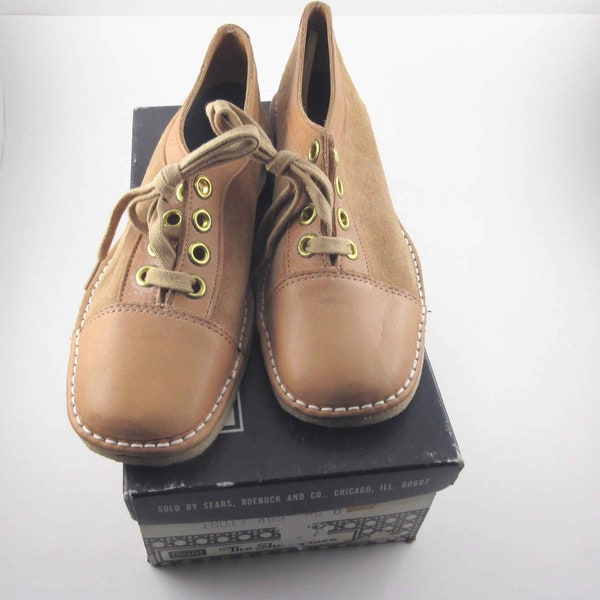 Vintage 1970s The Shoe Place Sears Light Brown Suede Women's Oxford Shoes Sz 9.5 Box New Deadstock