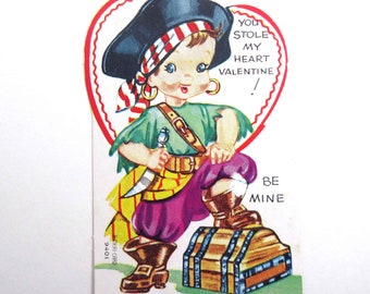 Vintage 1950s Children's Valentine Card with Pirate Boy and Treasure Chest by A-Meri-Card