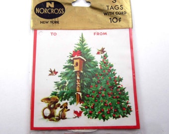 Vintage Unused Blue Christmas String Gift Tags or Cards with Squirrel Rabbit Birds Tree in Original Package by Norcross Deadstock