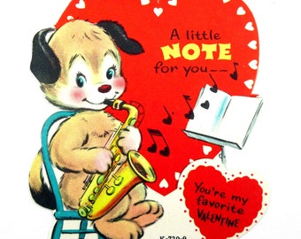 Vintage Unused Children's Novelty Valentine Card with Cute Dog or Puppy Playing Saxophone Music