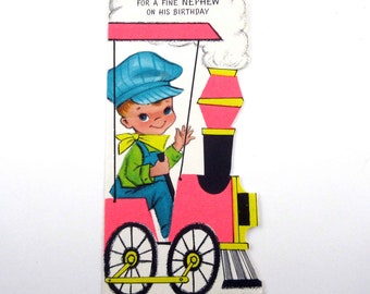 Vintage 1960s Birthday Greeting Card for Nephew with Cute Conductor Boy in Train Railroad