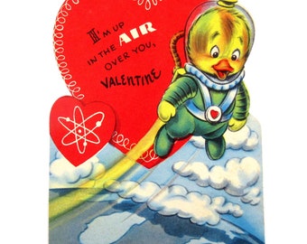 Vintage Valentine Card with Cute Duck Astronaut Space Travel Planet Clouds