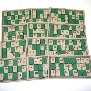 Vintage Green Lotto Game Cards with Numbers Set of 12