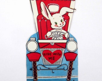 Vintage Children's Valentine Card with Cute Bunny Rabbit Driving Old Fashioned Car Auto