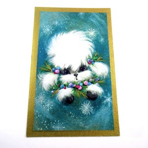Vintage Christmas Card with Cute White French Poodle Dog by Hallmark