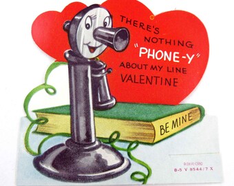 Vintage Unused Children's Valentine Card with Anthropomorphic Candlestick Telephone