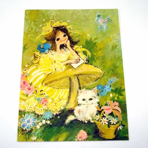 Vintage Unused Thinking of You Greeting Card with Pretty Girl White Cat and Mushroom Taglines by Hallmark