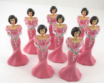 Vintage Pink Plastic Bridesmaids Cake Cupcake Decorations Decor Toppers Set of 8 Lot B