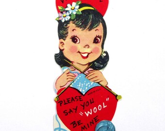 Vintage 1960s Children's Valentine Card with Girl Knitting Yarn Needles