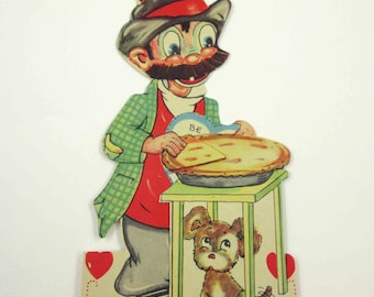 Vintage 1930s Children's Valentine Card Funny Man with Mustache Eating Pie with Dog or Puppy