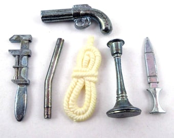 Vintage Clue Game Miniature Metal Plastic Weapons Replacement Crafting Jewelry Making Set of 6