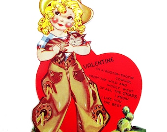 Vintage Children's Valentine Card with Cowgirl and Kitten Cat