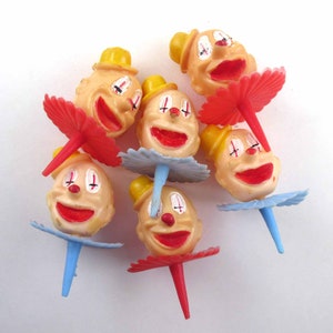 Vintage Large Plastic Birthday Party Clown Cake Picks Decorations Toppers Cupcakes Crafts Set of 6