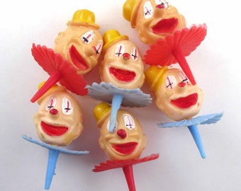 Vintage Large Plastic Birthday Party Clown Cake Picks Decorations Toppers Cupcakes Crafts Set of 6