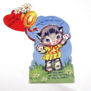 Vintage Unused Children's Valentine Card with Grey and White Tabby Cat and Hat